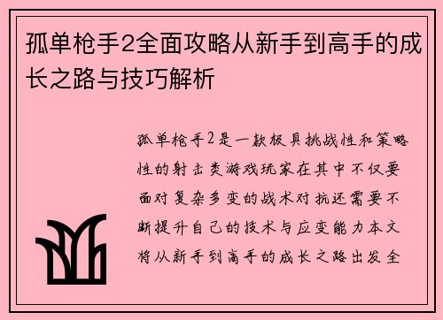 孤单枪手2全面攻略从新手到高手的成长之路与技巧解析
